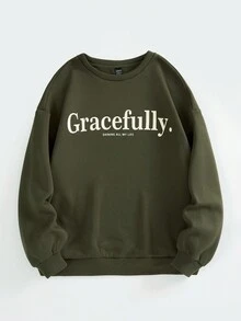 SHEIN EZwear 字母圖案加絨內裏運動衫 - 橄欖綠 - 查看 5