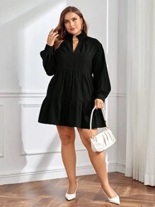 SHEIN Privé Plus Notched Neckline Ruffle Hem Smock Dress,Graduation Dress - Black - View 4