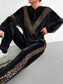 EURMUSE Women's Leopard Print Hooded Sweatshirt And Pants Set - Black - View 1