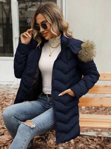 EMERY ROSE 毛绒装饰连帽拉链加厚棉服外套冬季 - 藏蓝色 - 查看 7