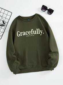 SHEIN EZwear 字母圖案加絨內裏運動衫 - 橄欖綠 - 查看 1