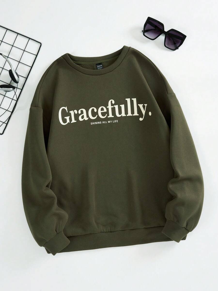 SHEIN EZwear 字母圖案加絨內裏運動衫 - 橄欖綠 - 查看 1