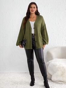 SHEIN Unity 大碼落肩袖口袋貼布開襟衫 - 軍綠色 - 查看 3