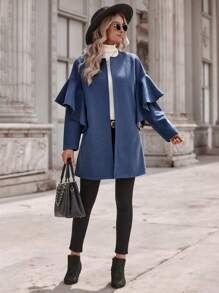 SHEIN Clasi Ruffle Trim Open Front Tweed Overcoat - Navy Blue - View 5