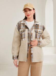 Mulvari 女款拼布紐扣雙口袋毛絨夾克 - 杏色 - 查看 3