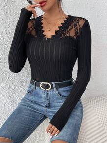 SHEIN Frenchy Contrast Lace V Neck Tee - Black - View 6