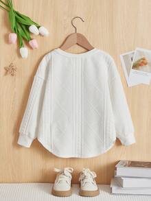 SHEIN 女童寬鬆版復古格紋和犬牙紋條紋圓領毛衣,流蘇細節 - 白色 - 查看 2