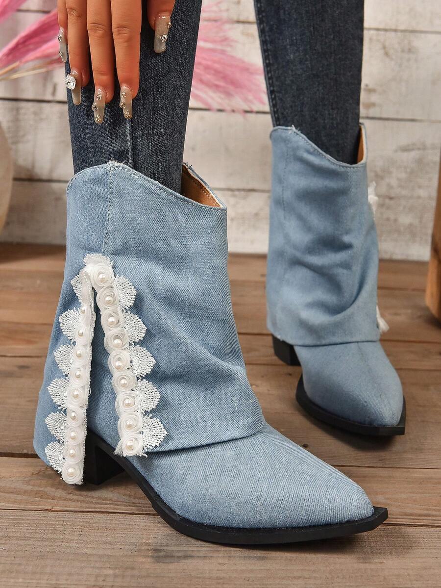 女性馬術&西方風格燈藍色的高跟鞋復古尖頭堆跟及膝靴子帶流蘇和筒襪美式短靴 - 藍色 - 查看 1