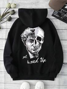 SHEIN EZwear Skull & Letter Graphic Drawstring Thermal Lined Hoodie - Black - View 1