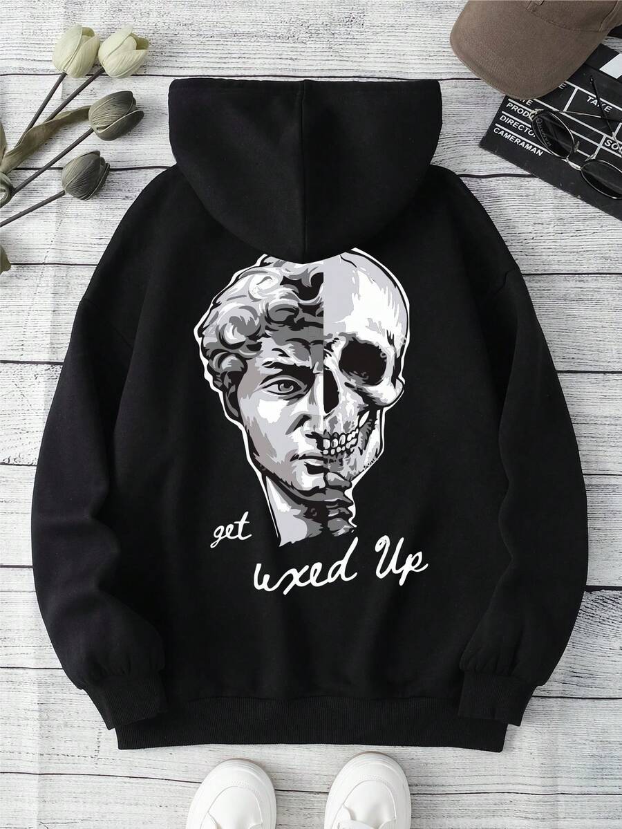 SHEIN EZwear Skull & Letter Graphic Drawstring Thermal Lined Hoodie - Black - View 1