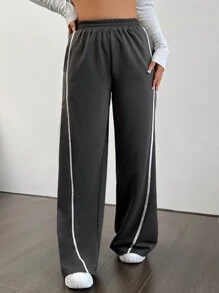 SHEIN EZwear 拼接側邊接縫闊腿衛褲 - 灰色 - 查看 4