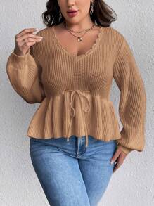 SHEIN Clasi Talla grande Jersey ribete en abanico de manga farol con cordón delantero peplum - Caqui - Ver 1