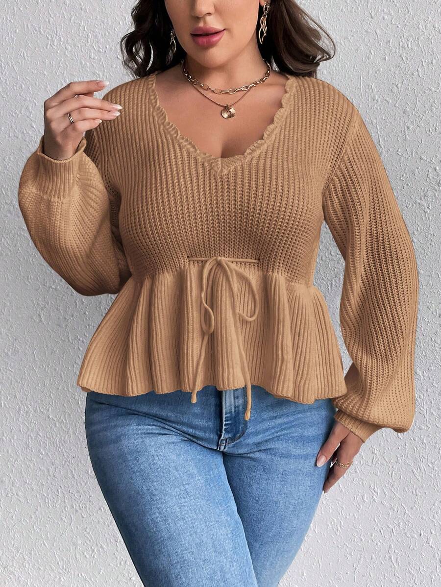 SHEIN Clasi Talla grande Jersey ribete en abanico de manga farol con cordón delantero peplum - Caqui - Ver 1