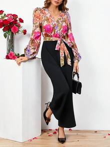 SHEIN Clasi Của phụ nữ In hoa Tay áo lồng đèn Áo liền quần Với thắt lưng - Nhiều màu - Xem 5