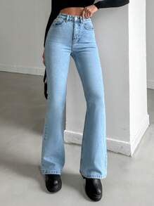 Zip Front Flare Leg Jeans - Medium Wash - View 3