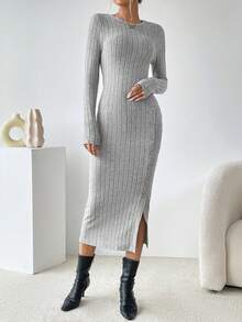 SHEIN Essnce 紐扣細節高衩條紋針織緊身洋裝 - 淺灰色 - 查看 4
