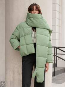Anewsta Solid Zip Up Padded Coat With Scarf - Mint Green - View 1