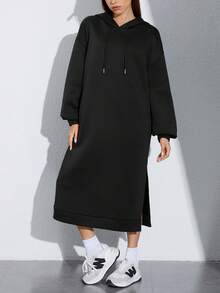 SHEIN EZwear 落肩袖抽繩下擺開叉連帽衛衣裙 - 黑色 - 查看 4