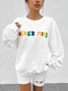 SHEIN EZwear Đồ họa Chữ cái Thả vai Áo nỉ & Quần short đi xe - trắng - Xem 5