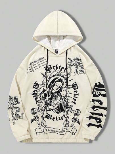 Goth Men Hooded Sweatshirt With Little Angel And Slogan Print, School, For Fall