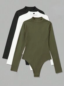 SHEIN LUNE 3pcs Solid Mock Neck Bodysuit Fall Cloth For Women - Multicolor - View 3