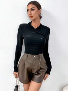SHEIN Privé Camiseta unicolor de cuello V - Negro - Ver 5