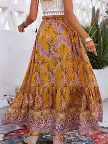 佩斯利印花荷葉邊超長半身裙