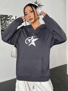 SHEIN Unity Star Print Kangaroo Pocket Drop Shoulder Hoodie - Grey - View 4