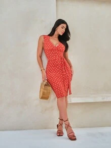 SHEIN In hoa Ditsy Váy có thắt lưng - Màu nâu  Mocha - Xem 2