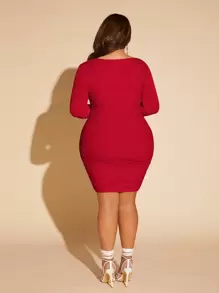 SHEIN SXY 大码女式不对称领口紧身连衣裙 - 紅色 - 查看 2