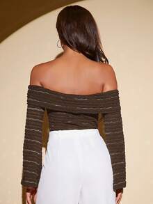 SHEIN Tall 一字肩喇叭袖T恤 - 摩卡棕 - 查看 2