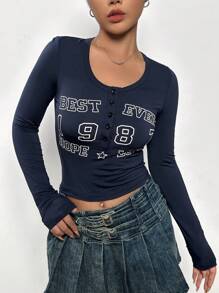 SHEIN EZwear 女士字母印花t恤 - 灰色 - 查看 1