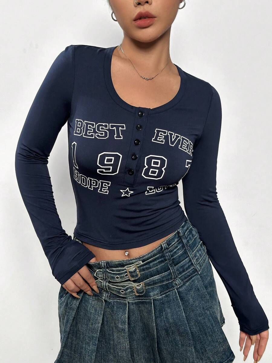 SHEIN EZwear 女士字母印花t恤 - 灰色 - 查看 1