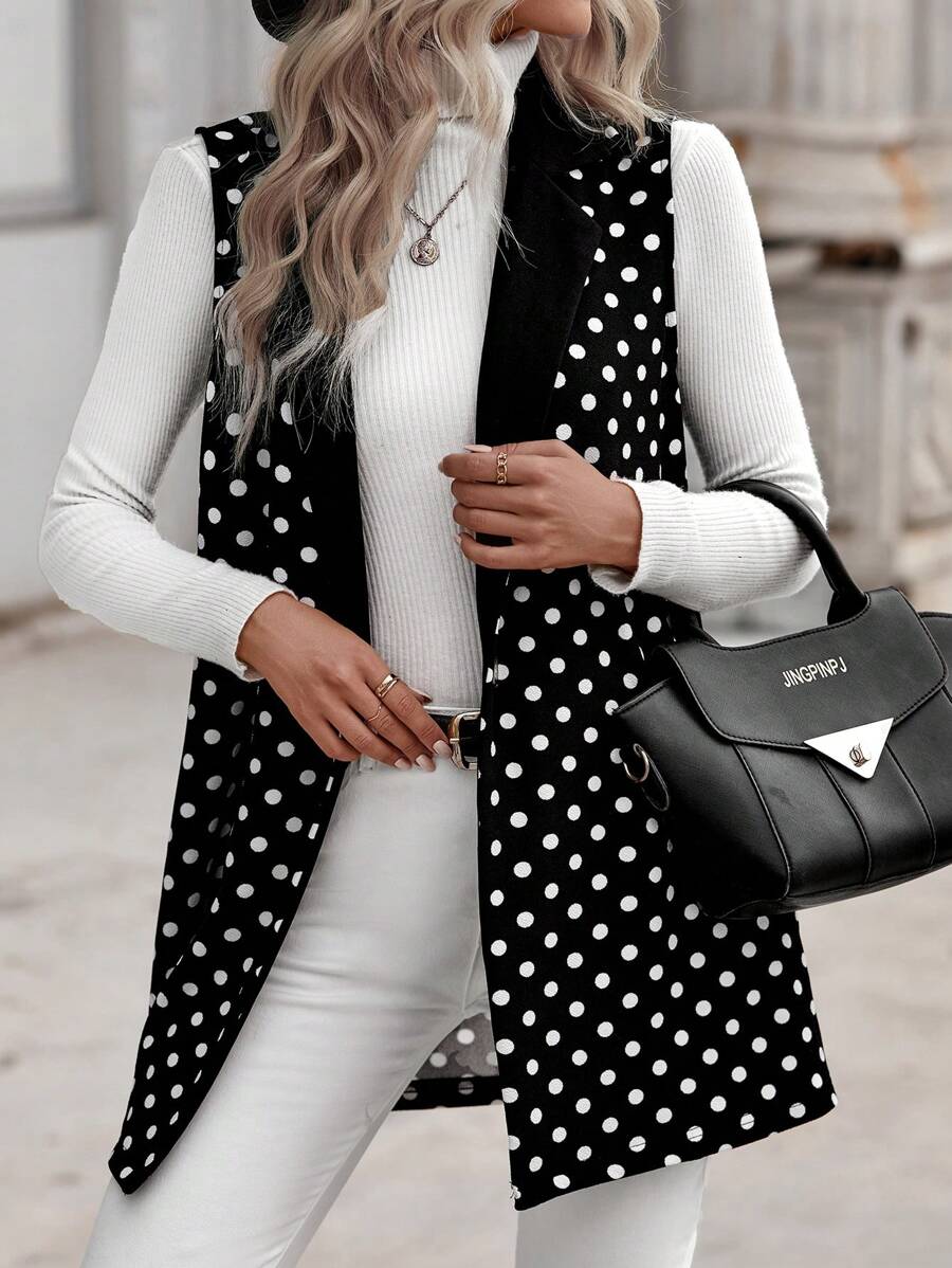 EMERY ROSE 波點圖案西裝領開門襟外套馬甲 - 黑與白 - 查看 1