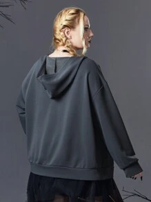 ROMWE Goth Plus Size Figure Graphic Zip Up Drop Shoulder Sweatshirt - Dark Grey - View 3