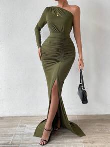 SHEIN Privé One Shoulder Ruched Split Thigh Dress - Army Green - View 2