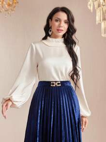 Modelyn Pearl Beaded Lantern Sleeve Blouse - Apricot - View 6