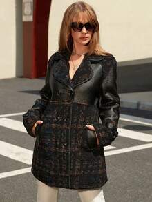 Contrast Lace Slant Pocket PU Leather Reversible Padded Coat - Black - View 6