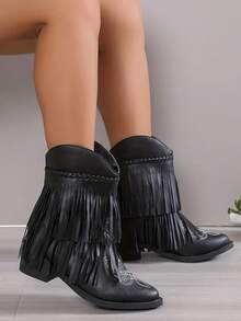 女式流蘇裝飾西部靴子,優雅假日靴子 - 黑色 - 查看 3
