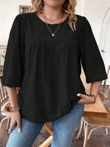 Women's Casual Knitted Jacquard Pattern Round Neck Ruched Lantern Sleeve Relaxed Fit Plus Size Summer T-Shirt