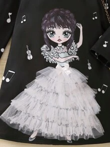 SHEIN 女小童人像圖案拼接領泡泡袖洋裝