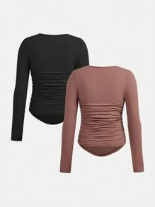 SHEIN Teenager Mädchen Gestricktes, einfarbiges, plissiertes T-Shirt mit quadratischem Ausschnitt, 2 teiliges Set