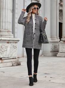 SHEIN LUNE Túi Kép Thả vai Nút phía trước Áo len Mở - Xám - Xem 3