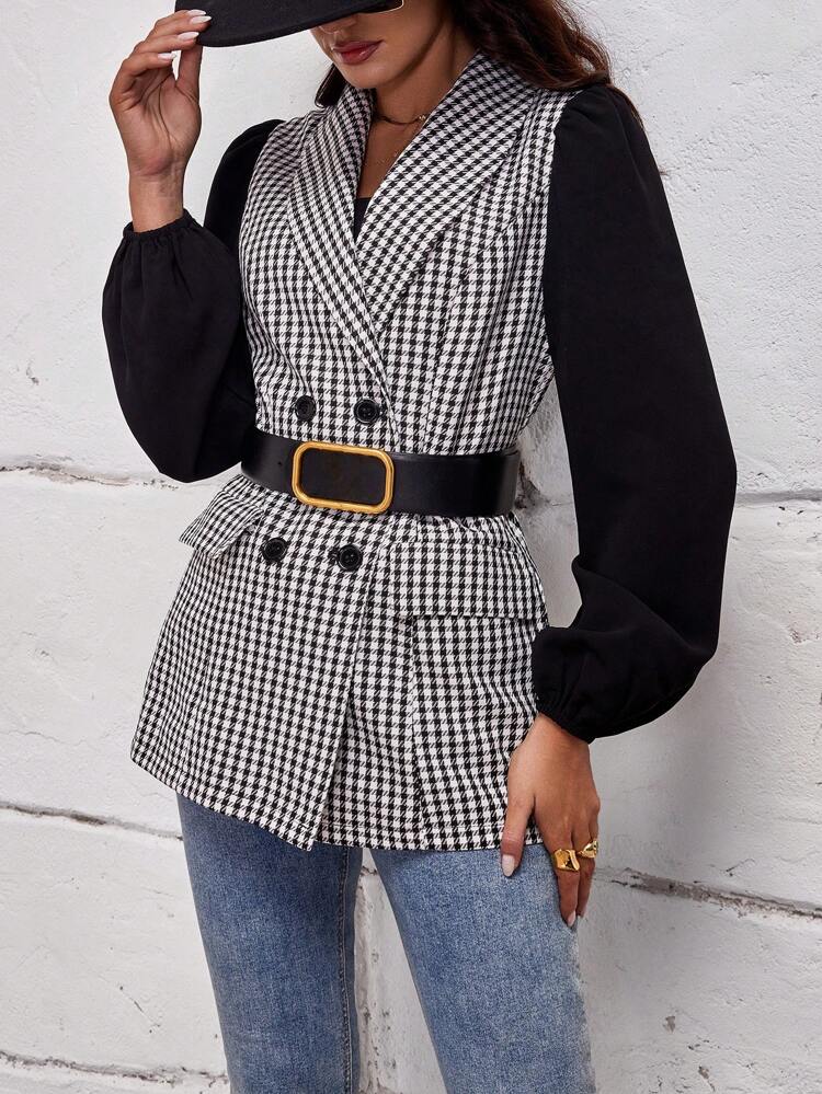 Houndstooth Print Double Breasted Blazer Without Belt