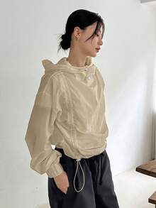 DAZY Women's Solid Color Drawstring Hoodie - Khaki - View 4