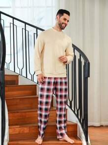 Men Solid Sweatshirt & Plaid Pants PJ Set - Apricot - View 1
