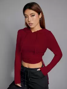 SHEIN EZwear Capucha crop con cordón lateral - Burdeos - Ver 8