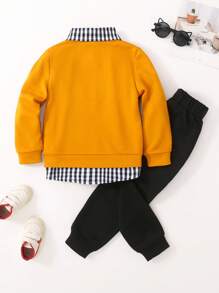 SHEIN 2 件套年轻男孩可爱休闲黄色刺绣运动衫和黑色裤子舒适服装，秋冬 - 黃色 - 查看 2
