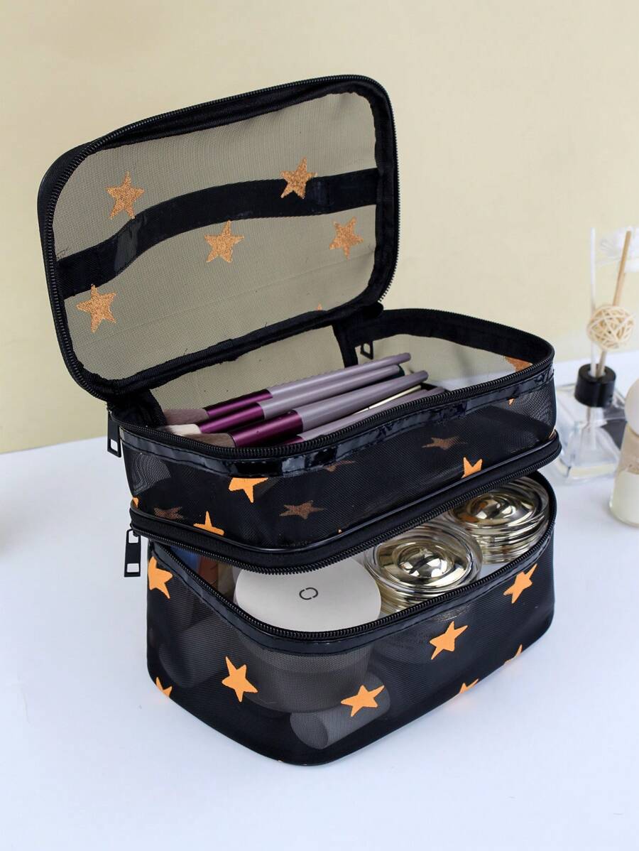 Umamao Estudio Star Print Large Capacity Mesh Storage Bag Cosmetic Bag - Black - View 1