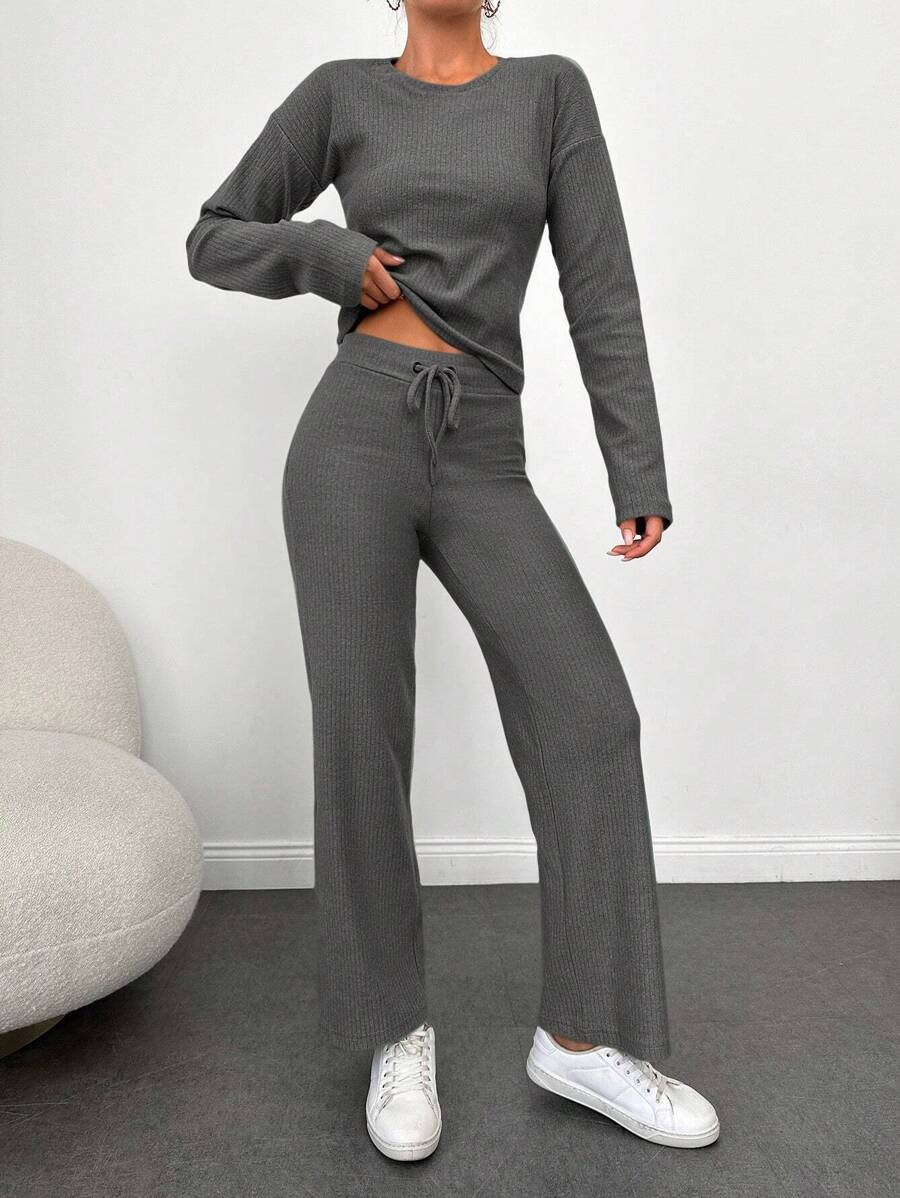 EURMUSE Women'S Ribbed Drop Shoulder T-Shirt And Pants 2pcs/Set - Dark Grey - View 1